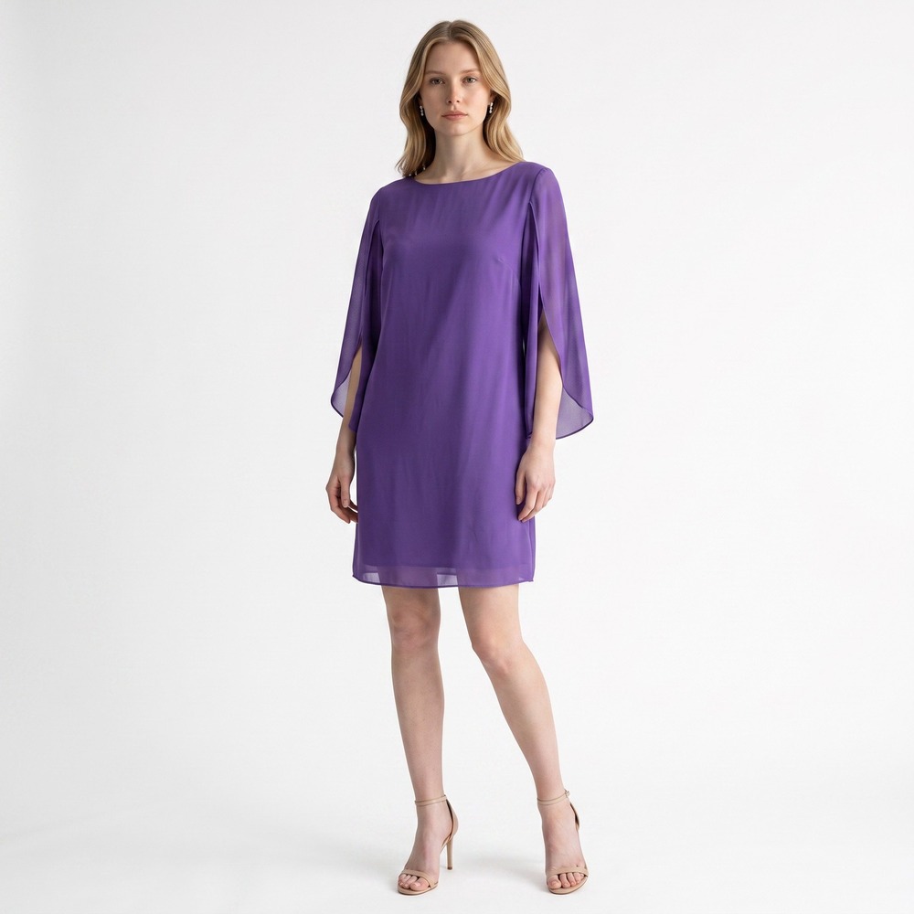 Purple Chiffon Split Sleeve Shift Dress Romantic Wedding Guest Cocktail